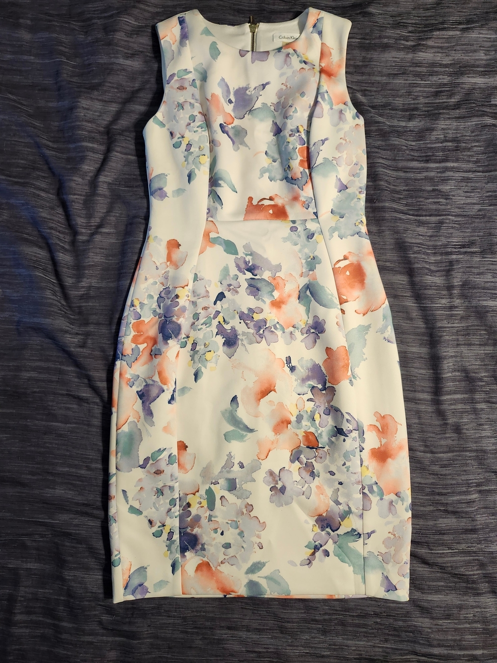 Calvin Klein White Sheath Dress with Coral, Lavender & Seafoam Floral Print - Picture 1 of 1